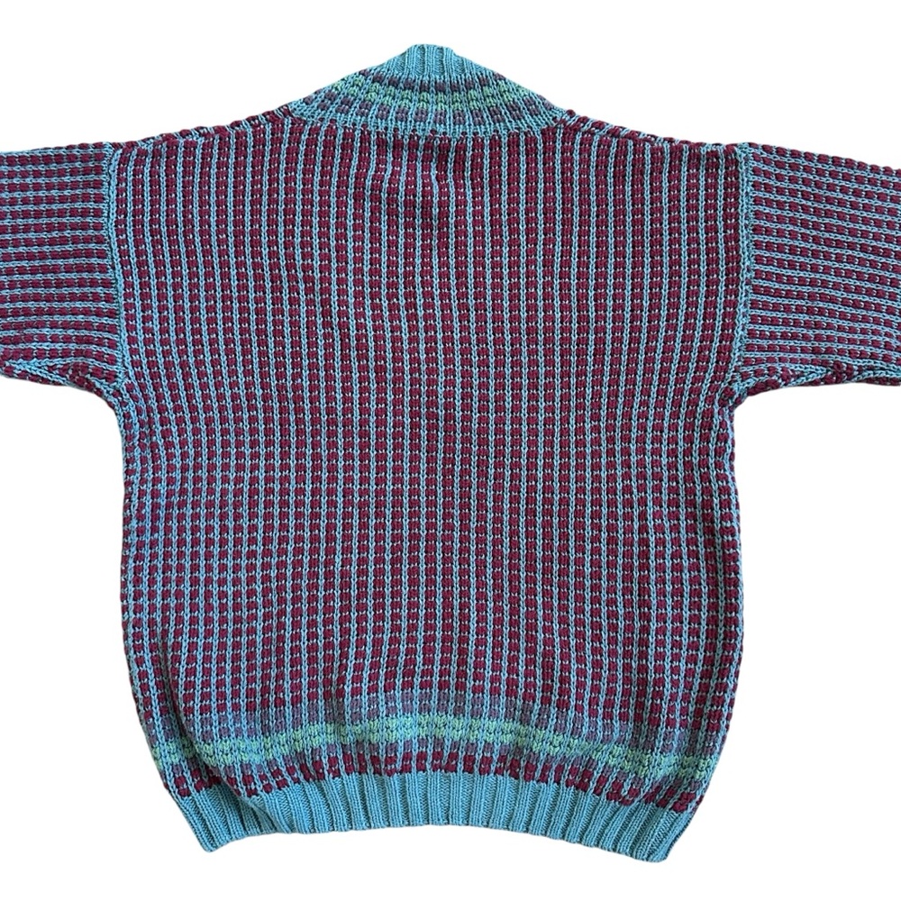 Vintage 90s Red Blue & Green Chunky Knit Linen Blend V Neck Sweater Size Medium - Picture 5 of 8